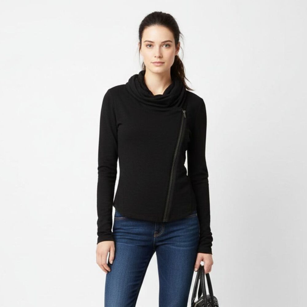 BCBG Max Azria Black Zip Up Attached Scarf Athleisure Long Sleeve Jacket S Small